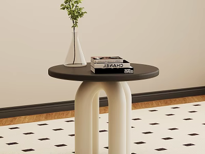 Modern Round Side Table With Black Top White Legs And Green Plant Vase On Books 3d model