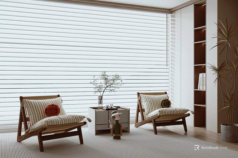 Modern Interior With Wooden Chairs And Side Table Striped Cushions Window Blinds Bookshelf And Plant 3d model 