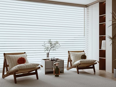 Modern Interior With Wooden Chairs And Side Table Striped Cushions Window Blinds Bookshelf And Plant 3d model
