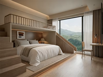Modern Bunk Bed Design with Wooden Stairs Large Window Mountain View Desk and Chair 3d model