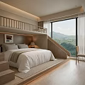 Modern Bunk Bed Design with Wooden Stairs Large Window Mountain View Desk and Chair