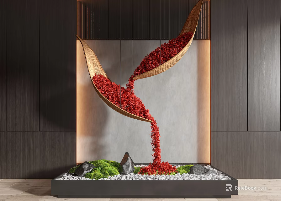 Indoor Landscape Featuring Hanging Woven Vessels Red Particles Flowing Down Black Base Green Moss Stones 3d model 