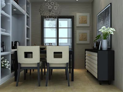 Modern Restaurant Interior With Dining Table Chairs Chandelier Decorative Paintings And White Flowers 3d model