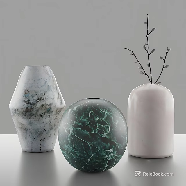 Decorative Ceramic Vases with Textured Gray White Green Marble Pattern and Small Branches 3d model 