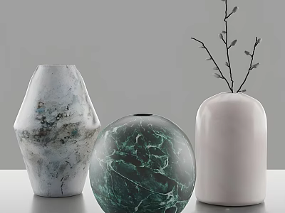 Decorative Ceramic Vases with Textured Gray White Green Marble Pattern and Small Branches 3d model