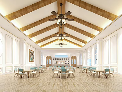 School Cafeteria Spacious Interior With Wooden Ceiling Beams White Walls Multiple Windows And Tables 3d model