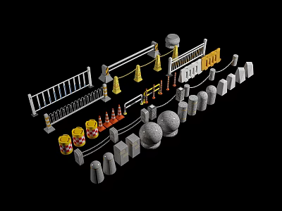 Comprehensive Road Safety Facilities With Guardrails Traffic Cones Bollards And Construction Signs 3d model