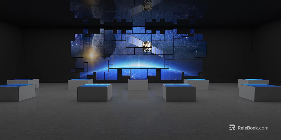 Digital Art Installation With Starry Sky Background And White Cubic Platforms 3d model