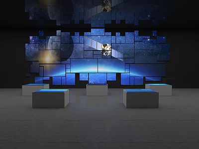 Digital Art Installation With Starry Sky Background And White Cubic Platforms 3d model