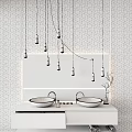 Modern Washstand Design With Double White Basins Black Countertop Brown Textured Wall And Pendant Lights