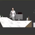 Modern Office Desk With Marble Top Computer Monitor Books Small Plant And Large Cactus