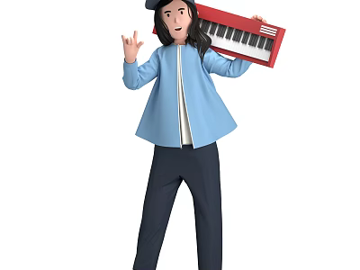 Woman standing in blue coat and hat holding red electronic keyboard and waving hand 3d model