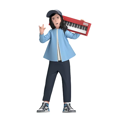 Woman standing in blue coat and hat holding red electronic keyboard and waving hand 3d model