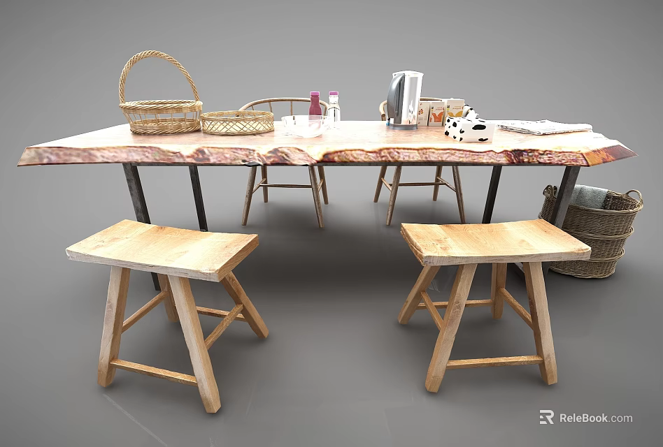 Wooden Dining Table Set With Two Stools And Woven Baskets Coffee Maker On Top 3d model
