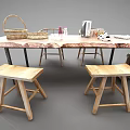 Wooden Dining Table Set With Two Stools And Woven Baskets Coffee Maker On Top 3d model