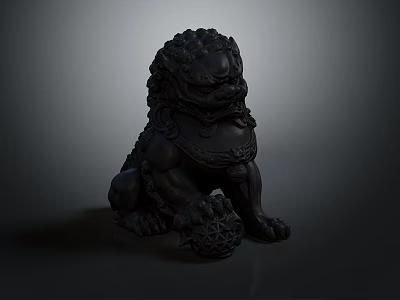 Traditional Black Stone Lion Statue With Intricate Mane Clawed Paws And Ornamental Ball 3d model