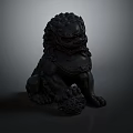 Traditional Black Stone Lion Statue With Intricate Mane Clawed Paws And Ornamental Ball