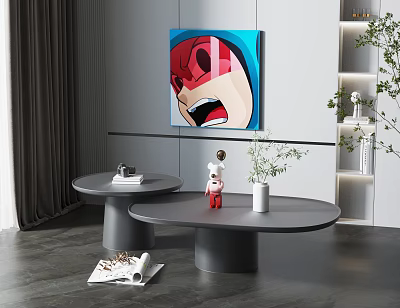 Modern Elegant Living Room With Two Round Black Coffee Tables Minimalist Artwork Green Plant And Doll 3d model