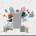 E-commerce Shopping Collection With Mobile Phone Shopping Cart Apparel Handbag Shoes And Confetti