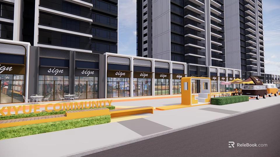 Modern Commercial Landscape Featuring High Rise Buildings Shops Store Signs Street Entrance Greenery And Community 3d model 