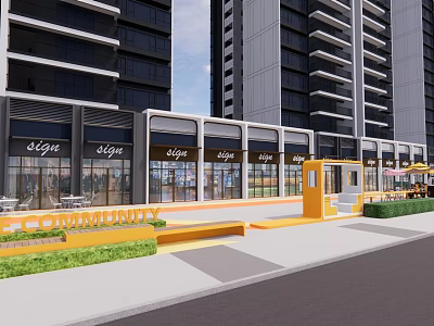 Modern Commercial Landscape Featuring High Rise Buildings Shops Store Signs Street Entrance Greenery And Community 3d model