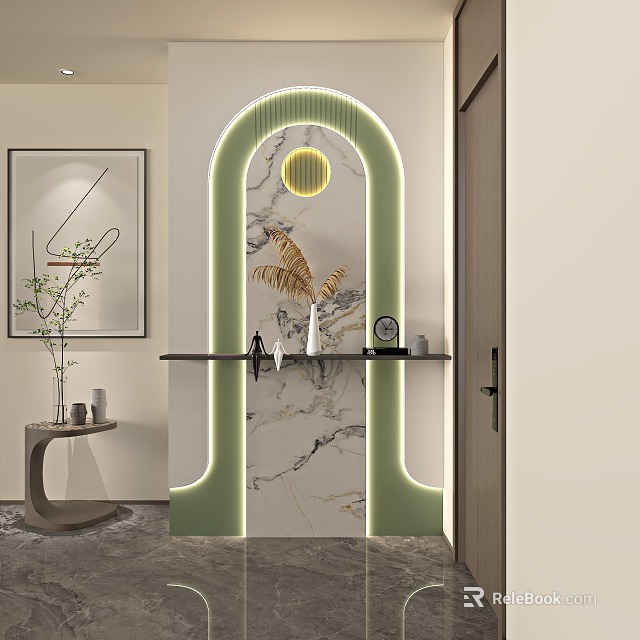 Contemporary Entryway Hallway With Marble Accent Wall Arched Design LED Strips And Decorative Plants 3d model 