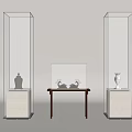 Modern Glass Display Shelves With Metal Frames White Bases Middle Wooden Table And Decorative Items