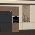 Modern Kitchen With Wooden Refrigerator Cabinet Built In Oven And Decorative Painting