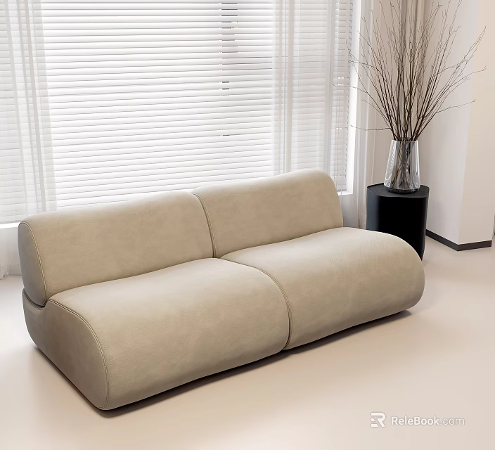 Modern Beige Two Seater Sofa With Black Side Table Vase And White Blinds 3d model 