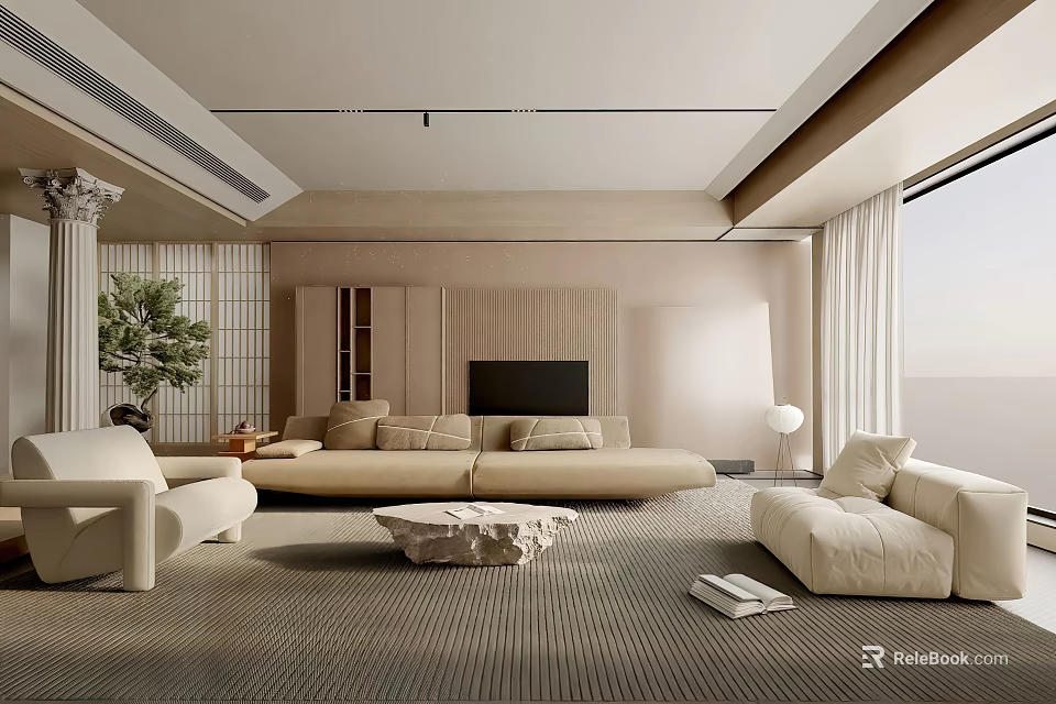 Modern Living Room Interior With Beige Sofa Rug TV Plant And Floor To Ceiling Window 3d model 