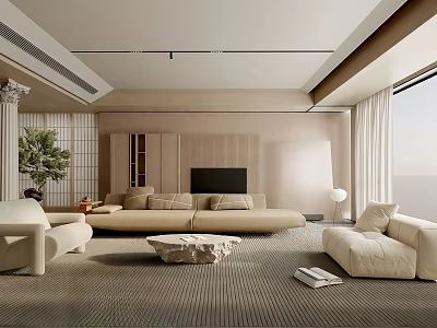 Modern Living Room Interior With Beige Sofa Rug TV Plant And Floor To Ceiling Window 3d model