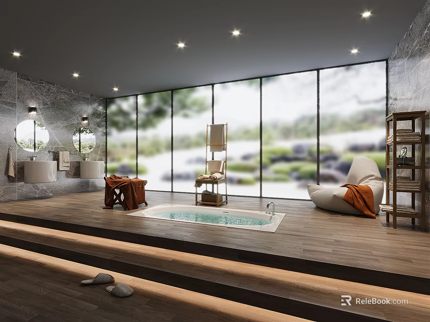 Modern Bathroom With Spa Tub Large Windows Wooden Flooring Marble Walls And Lounge Chair 3d model 