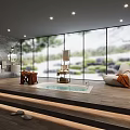 Modern Bathroom With Spa Tub Large Windows Wooden Flooring Marble Walls And Lounge Chair