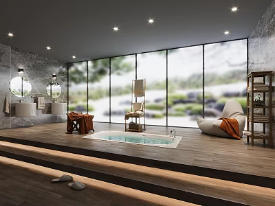 Modern Bathroom With Spa Tub Large Windows Wooden Flooring Marble Walls And Lounge Chair 3d model