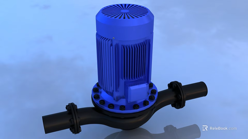 Blue Industrial Motor Pump With Black Pipe Connections And Ventilated Top Structure 3d model 