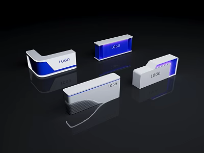 Modern Shop Front Desk Design With Various Shapes LOGO Display And Blue White Accents 3d model
