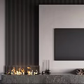 Modern TV Wall With Black Vertical Panels Gray Backdrop Built-in TV Fireplace And Metal Shelves
