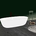 White Oval Bathtub in Wooden Floor Space with Green Wall Chair and Round Rug