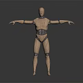 Wooden Mechanical Robot Model Standing With Outstretched Arms And Metallic Joints