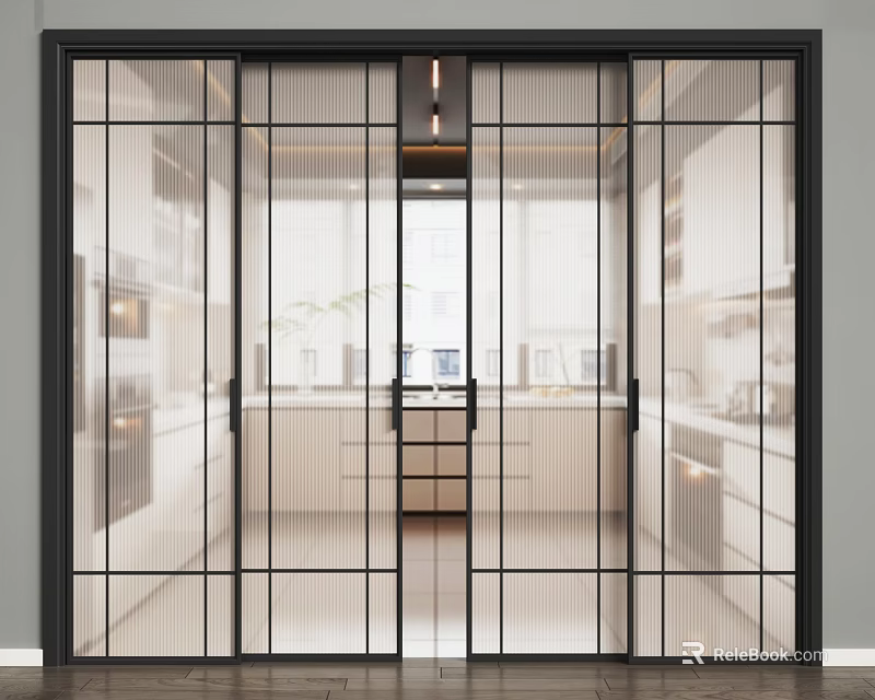 Modern Glass Sliding Doors For Open Kitchen Interior With Black Frames 3d model