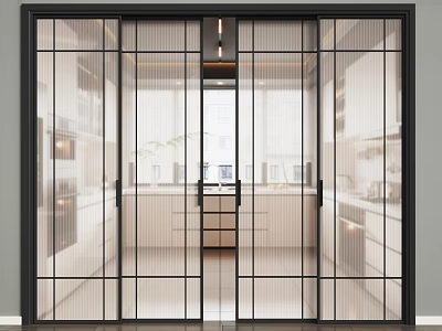 Modern Glass Sliding Doors For Open Kitchen Interior With Black Frames 3d model