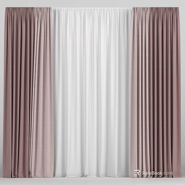 Elegant Double Layer Curtain Set With Brown Outer And White Sheer Inner 3d model
