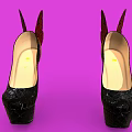 Black High Heels With Crocodile Texture Butterfly Wing Decorations Red Heels And Purple Background