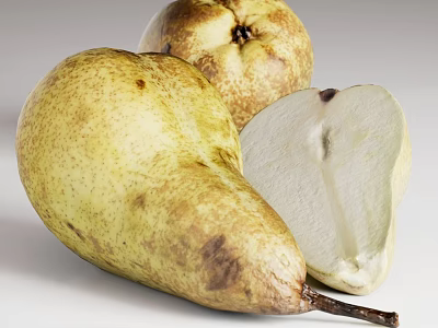Fresh Whole And Sliced Pears With Yellowish Green Skin White Flesh And Brown Spots 3d model