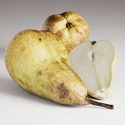 Fresh Whole And Sliced Pears With Yellowish Green Skin White Flesh And Brown Spots 3d model