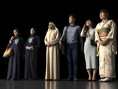 Group of Diverse People in Various Traditional Costumes Standing in a Line 3d model