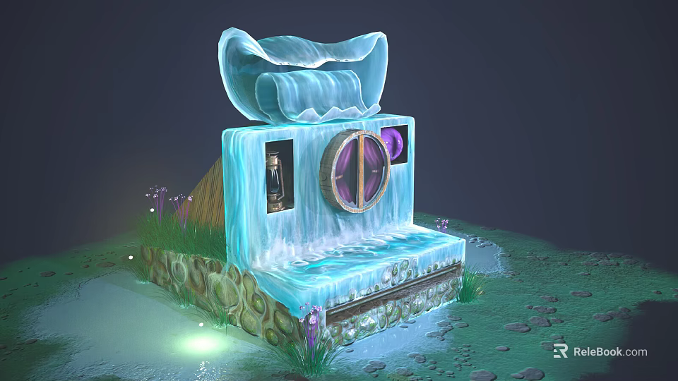 Cartoon Scene With Blue Icy Structure Scroll Top Round Window Purple Plants Green Glowing Light 3d model 