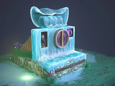 Cartoon Scene With Blue Icy Structure Scroll Top Round Window Purple Plants Green Glowing Light 3d model