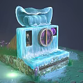 Cartoon Scene With Blue Icy Structure Scroll Top Round Window Purple Plants Green Glowing Light