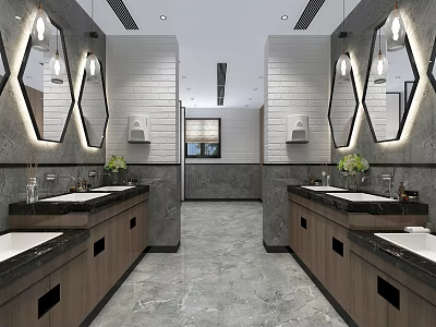 Modern Public Restroom With Symmetric Washbasins Marble Countertops And Hexagonal Mirrors 3d model